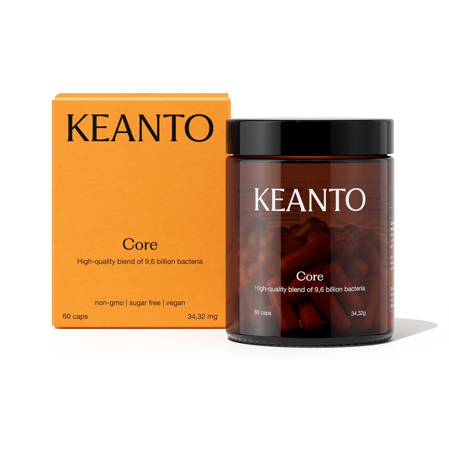 KEANTO Core probiotic supplement with 9.6 billion bacteria and Vitamin C for immunity and gut health. Ondersteunt spijsvertering en energie