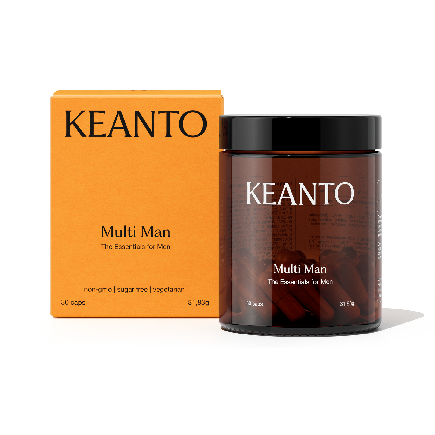 KEANTO Multi Man multivitamin for men's health with zinc, magnesium, and vitamins to support energy, immunity, and muscle function. Ondersteunt de mannelijke gezondheid, energie en spierfunctie.