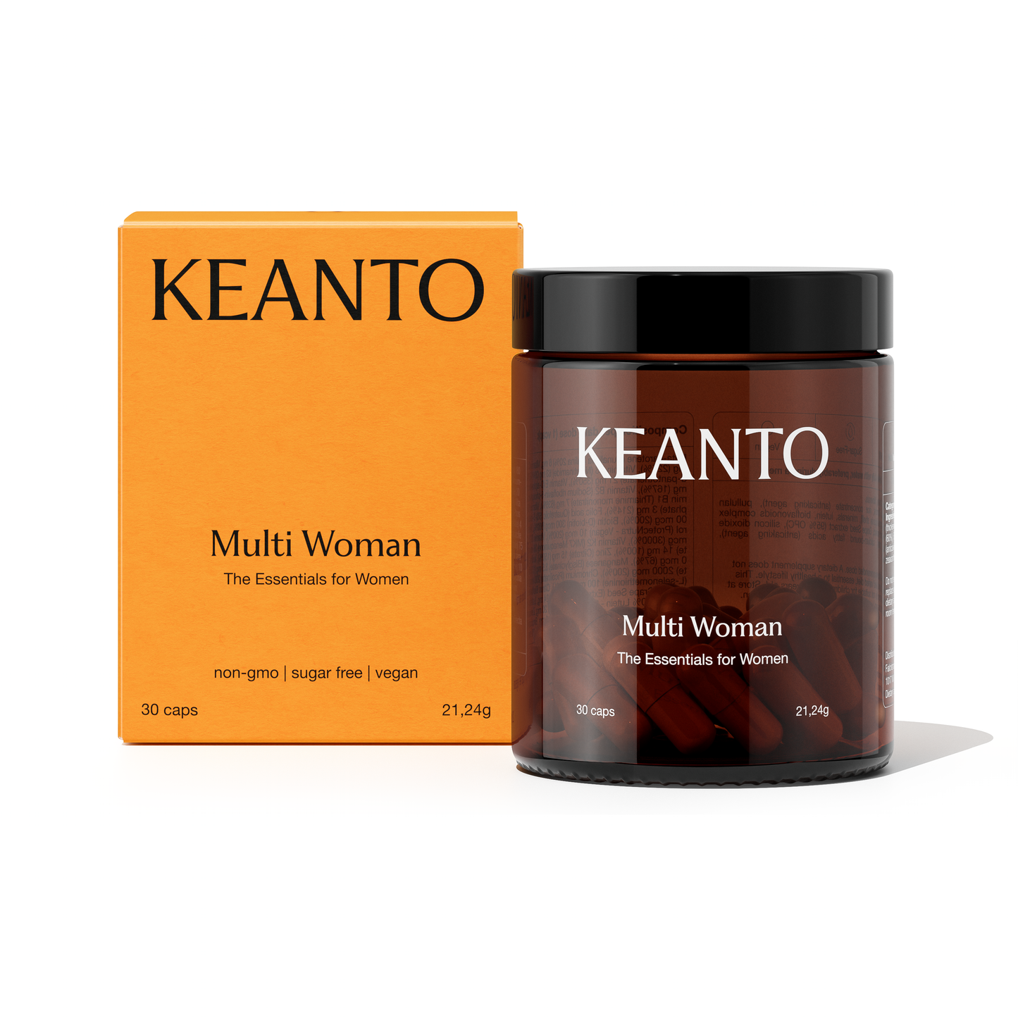 KEANTO Multi Woman multivitamin for women's health with zinc, biotin, and vitamins to support energy, immunity, and hormone regulation for optimal wellness. Ondersteunt de vrouwelijke gezondheid, energie en vitaliteit verpakt in een jar.