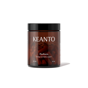 KEANTO Perform supplement with Vitamin C, Green-lipped Mussel, Curcumin, and Collagen to enhance energy, vitality, and muscle support. Helps reduce fatigue and improve performance.