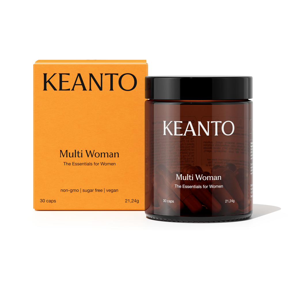 KEANTO Multi Woman multivitamin for women's health with zinc, biotin, and vitamins to support energy, immunity, and hormone regulation for optimal wellness. Ondersteunt de vrouwelijke gezondheid, energie en vitaliteit verpakt in een jar.